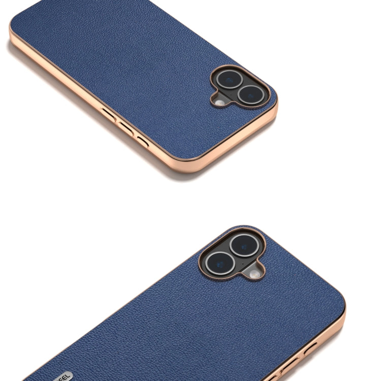 For iPhone 16 Plus ABEEL Electroplating Frame Genuine Leather Luolai Series Phone Case