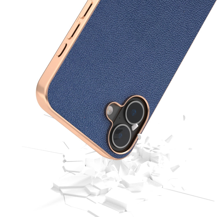 For iPhone 16 Plus ABEEL Electroplating Frame Genuine Leather Luolai Series Phone Case
