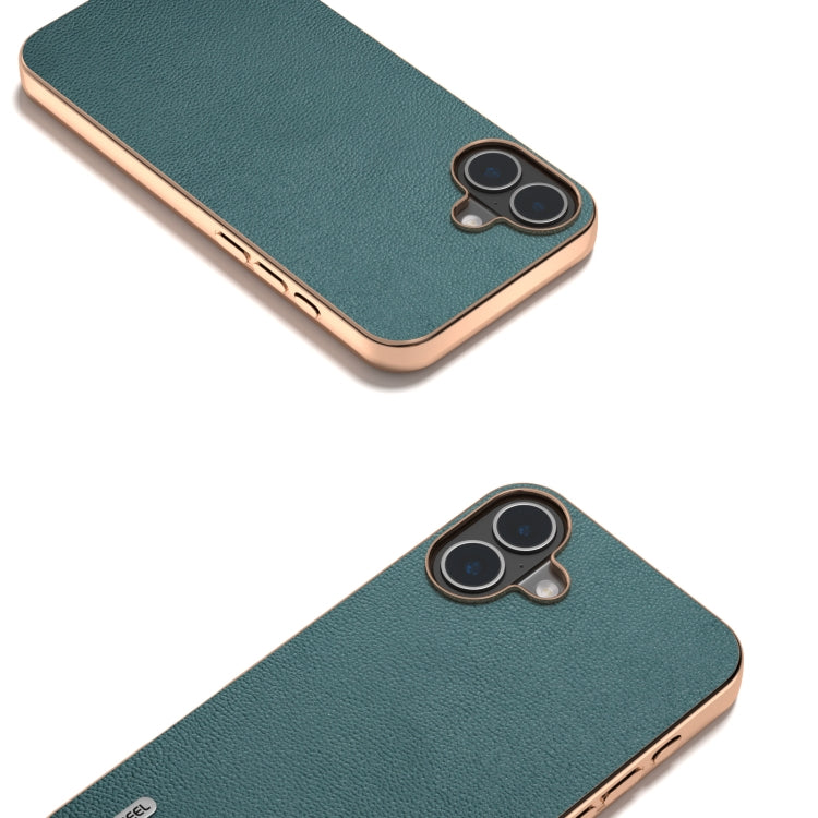 For iPhone 16 Plus ABEEL Electroplating Frame Genuine Leather Luolai Series Phone Case