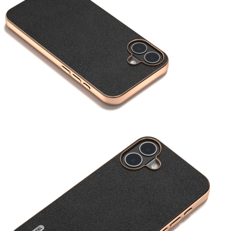For iPhone 16 Plus ABEEL Electroplating Frame Genuine Leather Luolai Series Phone Case