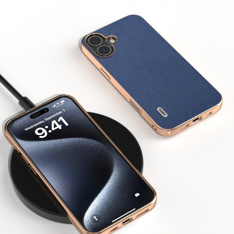 For iPhone 16 ABEEL Electroplating Frame Genuine Leather Luolai Series Phone Case