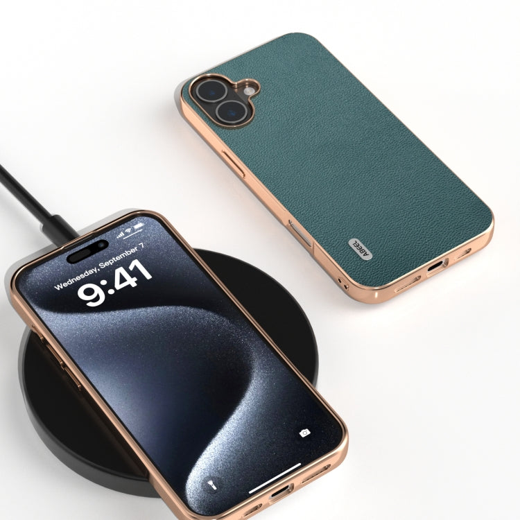 For iPhone 16 ABEEL Electroplating Frame Genuine Leather Luolai Series Phone Case
