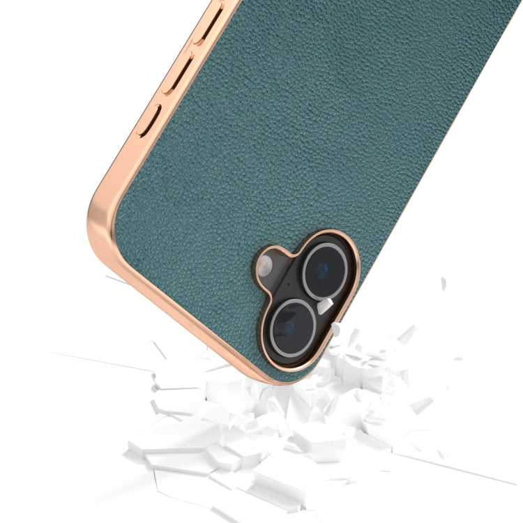 For iPhone 16 ABEEL Electroplating Frame Genuine Leather Luolai Series Phone Case