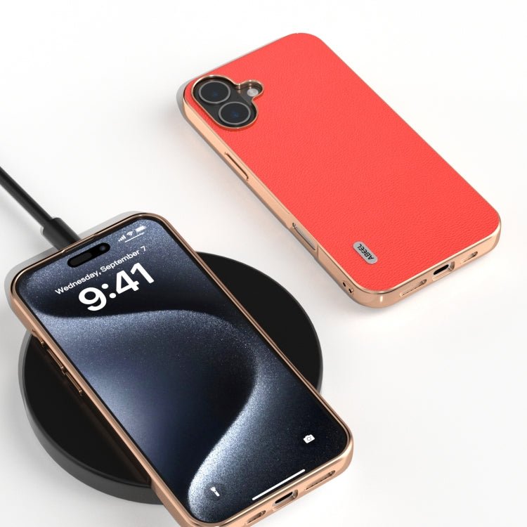 For iPhone 16 ABEEL Electroplating Frame Genuine Leather Luolai Series Phone Case