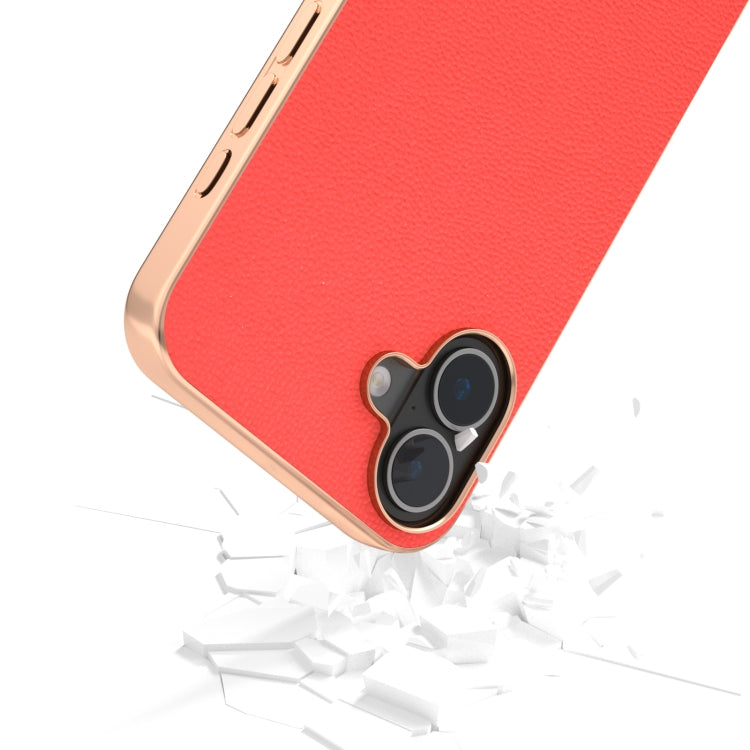 For iPhone 16 ABEEL Electroplating Frame Genuine Leather Luolai Series Phone Case