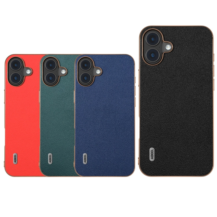 For iPhone 16 ABEEL Electroplating Frame Genuine Leather Luolai Series Phone Case