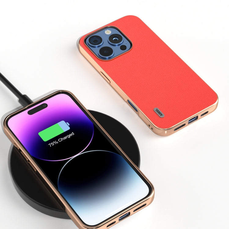 For iPhone 16 Pro Max ABEEL Electroplating Frame Genuine Leather Luolai Series Phone Case