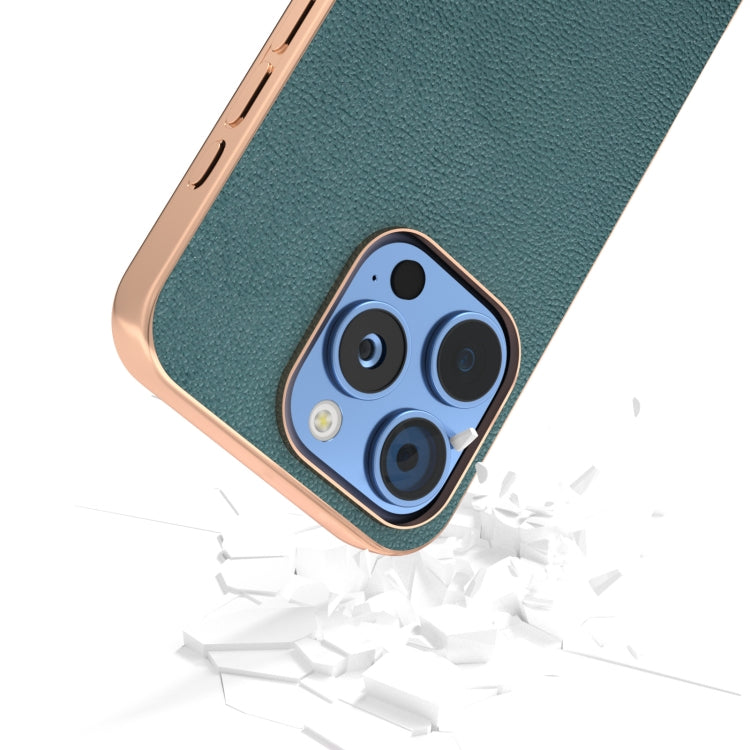 For iPhone 16 Pro Max ABEEL Electroplating Frame Genuine Leather Luolai Series Phone Case