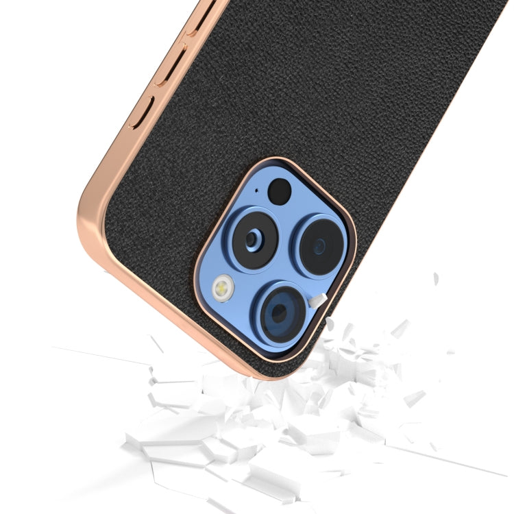 For iPhone 16 Pro Max ABEEL Electroplating Frame Genuine Leather Luolai Series Phone Case