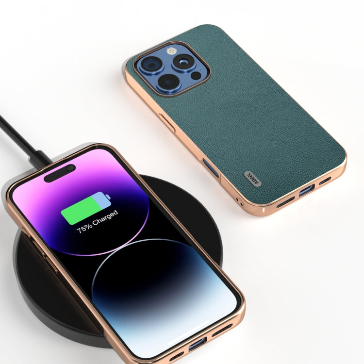 For iPhone 16 Pro ABEEL Electroplating Frame Genuine Leather Luolai Series Phone Case