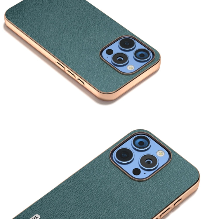 For iPhone 16 Pro ABEEL Electroplating Frame Genuine Leather Luolai Series Phone Case