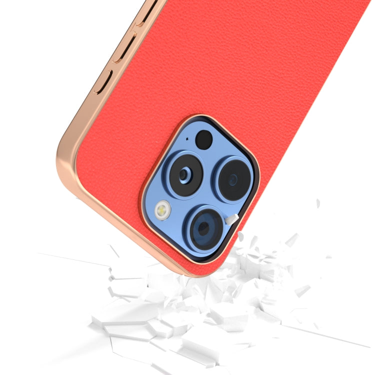 For iPhone 16 Pro ABEEL Electroplating Frame Genuine Leather Luolai Series Phone Case