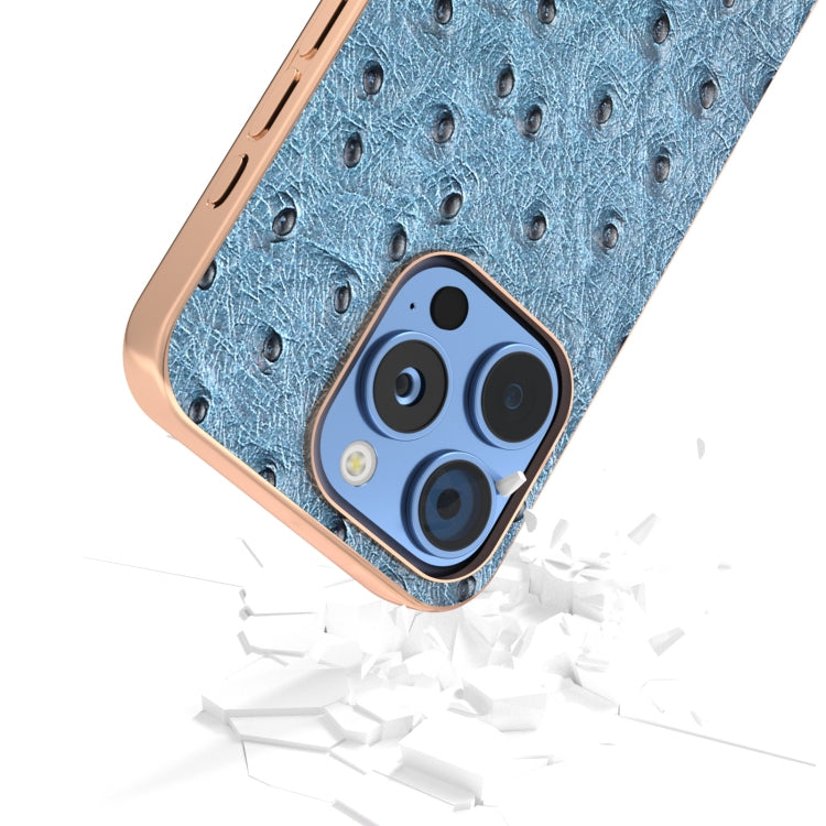 For iPhone 16 Pro Max ABEEL Electroplating Frame Genuine Leather Ostrich Texture Phone Case