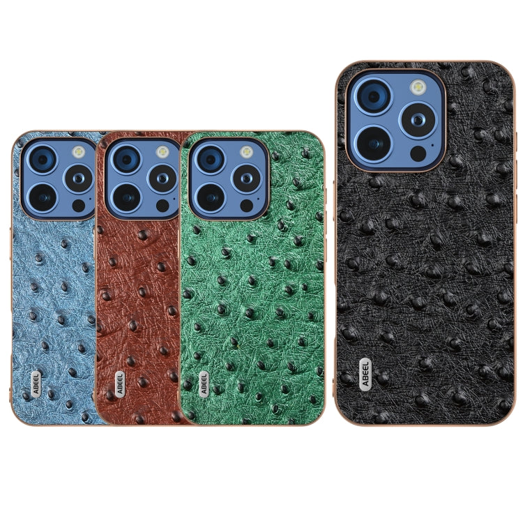 For iPhone 16 Pro Max ABEEL Electroplating Frame Genuine Leather Ostrich Texture Phone Case