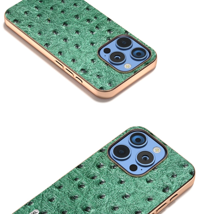 For iPhone 16 Pro Max ABEEL Electroplating Frame Genuine Leather Ostrich Texture Phone Case
