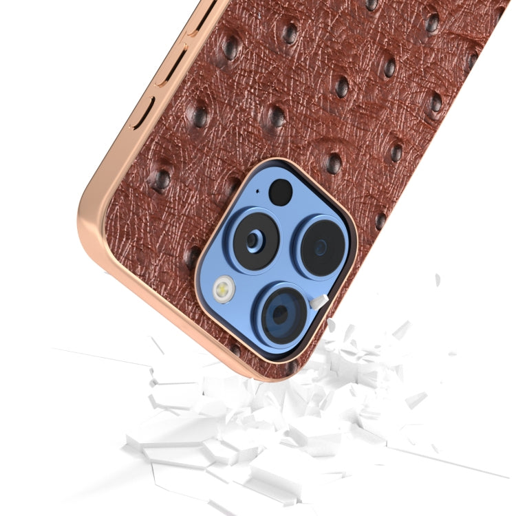 For iPhone 16 Pro Max ABEEL Electroplating Frame Genuine Leather Ostrich Texture Phone Case