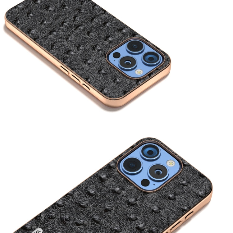 For iPhone 16 Pro Max ABEEL Electroplating Frame Genuine Leather Ostrich Texture Phone Case