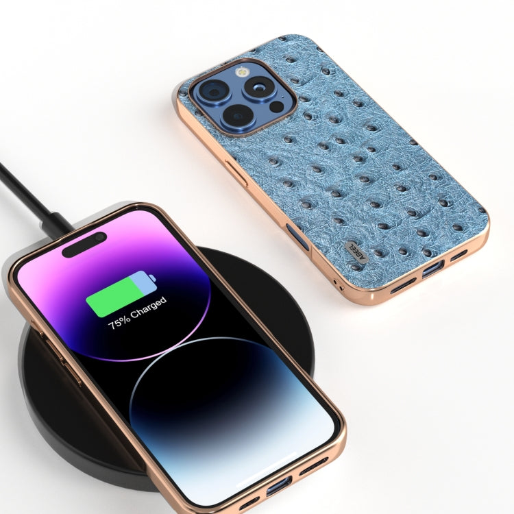For iPhone 16 Pro ABEEL Electroplating Frame Genuine Leather Ostrich Texture Phone Case