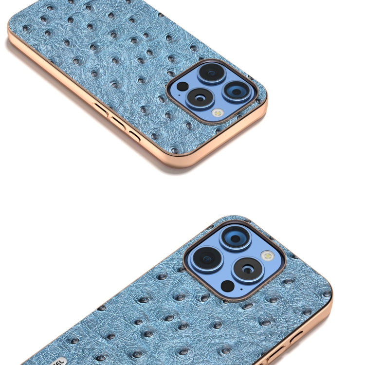 For iPhone 16 Pro ABEEL Electroplating Frame Genuine Leather Ostrich Texture Phone Case