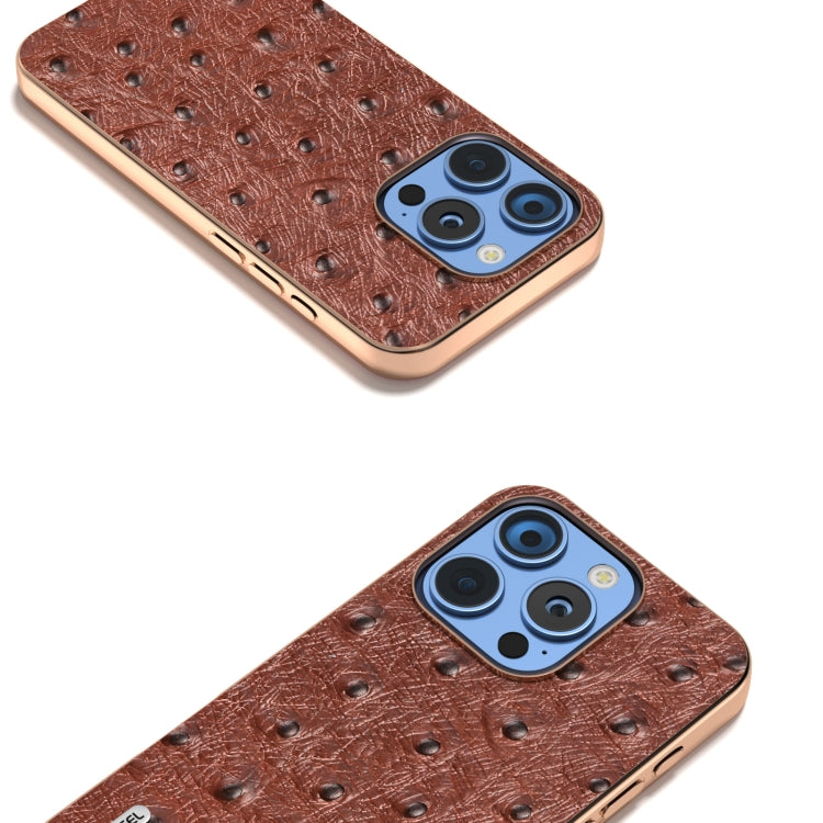 For iPhone 16 Pro ABEEL Electroplating Frame Genuine Leather Ostrich Texture Phone Case