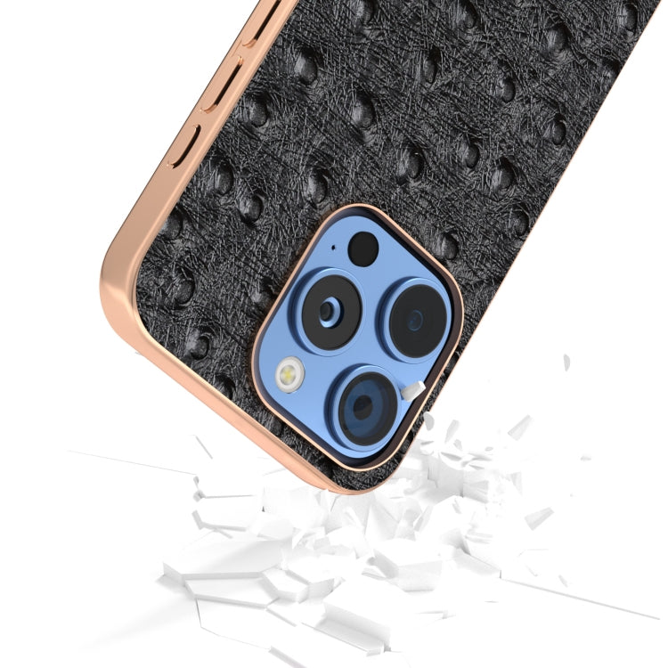 For iPhone 16 Pro ABEEL Electroplating Frame Genuine Leather Ostrich Texture Phone Case