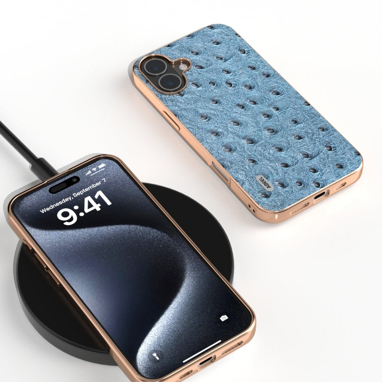For iPhone 16 Plus ABEEL Electroplating Frame Genuine Leather Ostrich Texture Phone Case