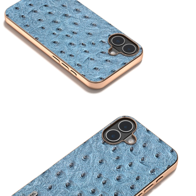 For iPhone 16 Plus ABEEL Electroplating Frame Genuine Leather Ostrich Texture Phone Case
