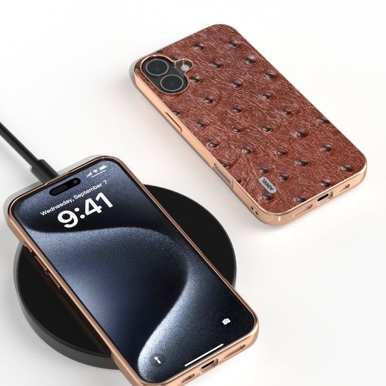 For iPhone 16 Plus ABEEL Electroplating Frame Genuine Leather Ostrich Texture Phone Case