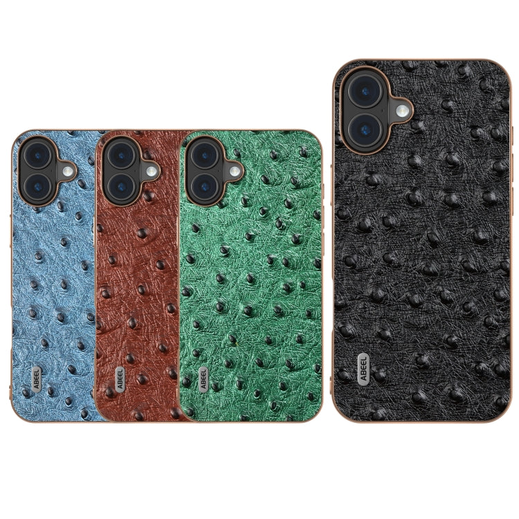 For iPhone 16 Plus ABEEL Electroplating Frame Genuine Leather Ostrich Texture Phone Case