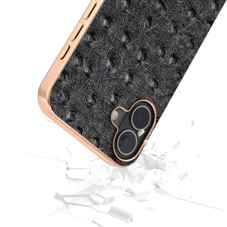 For iPhone 16 Plus ABEEL Electroplating Frame Genuine Leather Ostrich Texture Phone Case