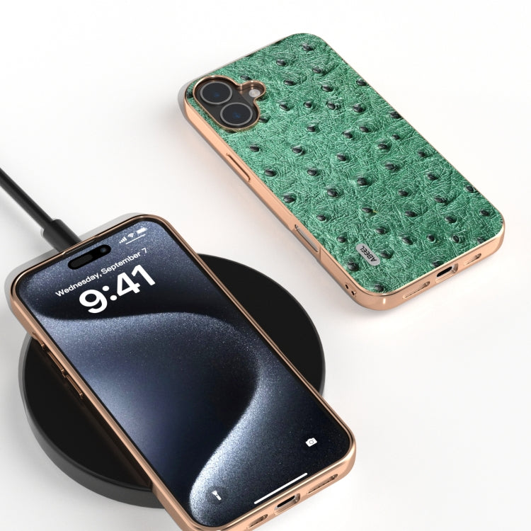 For iPhone 16 ABEEL Electroplating Frame Genuine Leather Ostrich Texture Phone Case