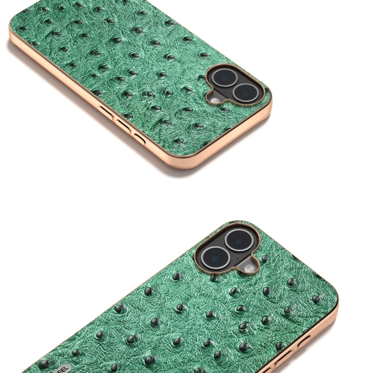 For iPhone 16 ABEEL Electroplating Frame Genuine Leather Ostrich Texture Phone Case