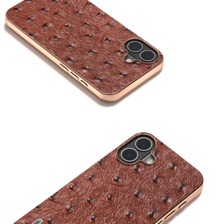 For iPhone 16 ABEEL Electroplating Frame Genuine Leather Ostrich Texture Phone Case
