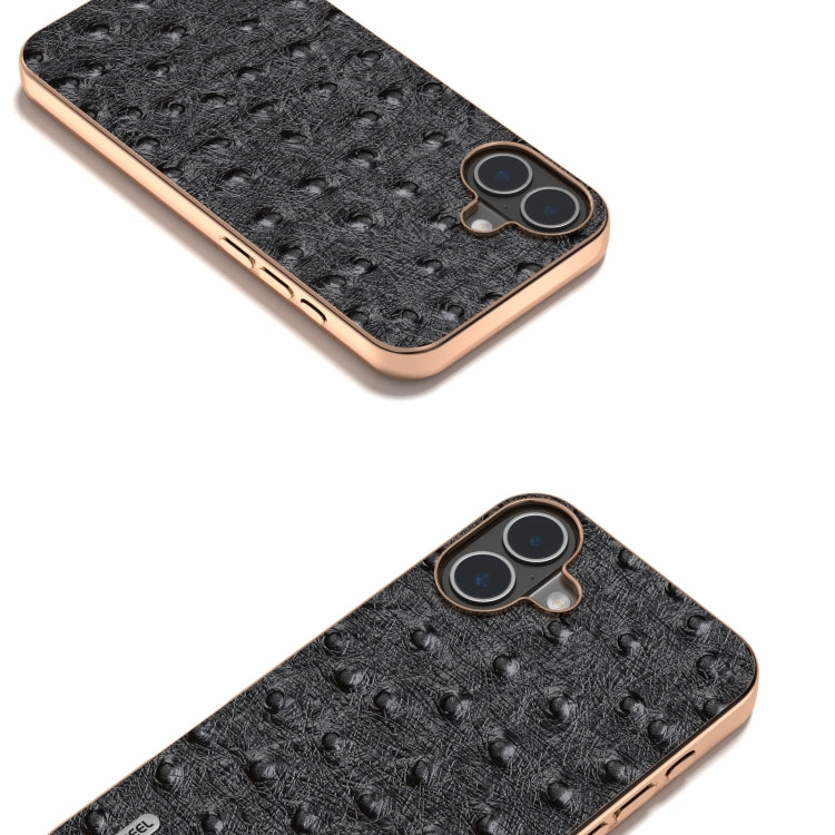 For iPhone 16 ABEEL Electroplating Frame Genuine Leather Ostrich Texture Phone Case