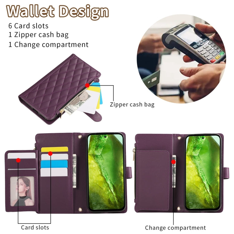 For Google Pixel 8a Rhombic Zipper Wallet Leather Phone Case