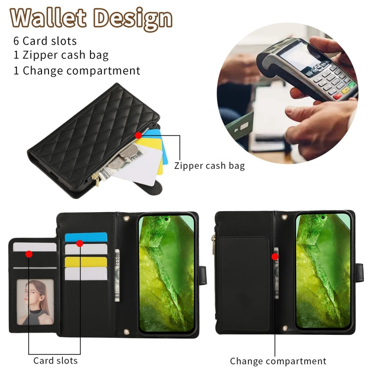 For Google Pixel 8a Rhombic Zipper Wallet Leather Phone Case