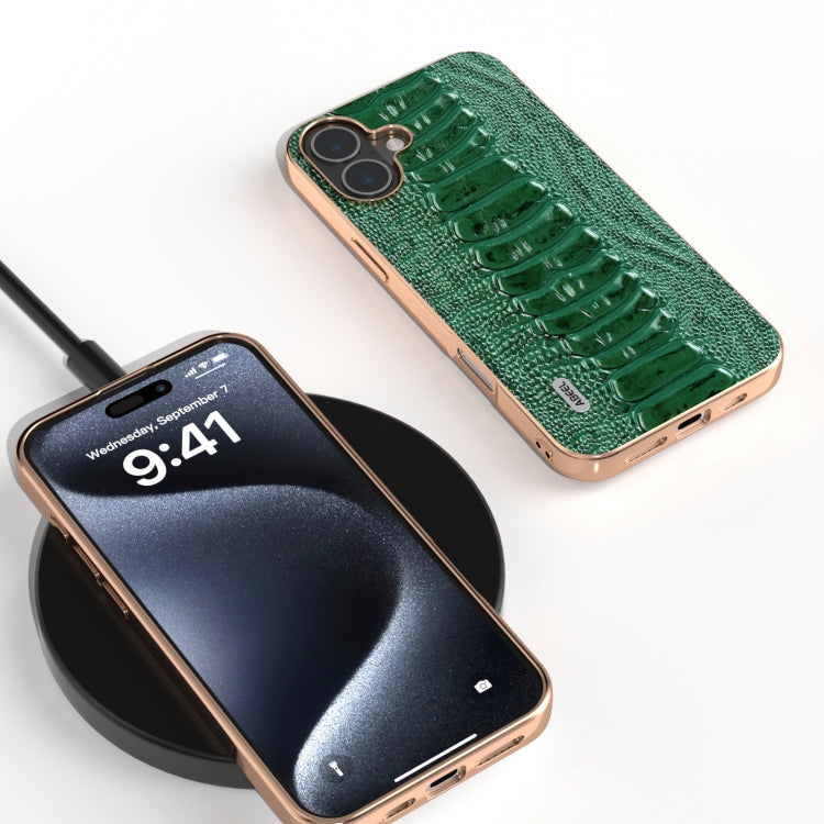 For iPhone 16 Plus ABEEL Electroplating Frame Genuine Leather Weilai Series Phone Case