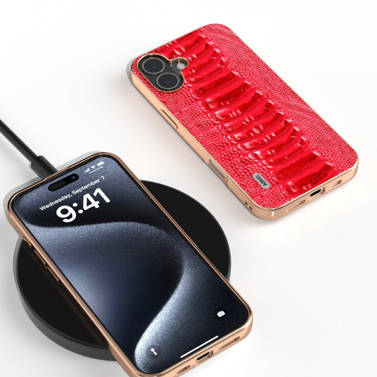 For iPhone 16 Plus ABEEL Electroplating Frame Genuine Leather Weilai Series Phone Case
