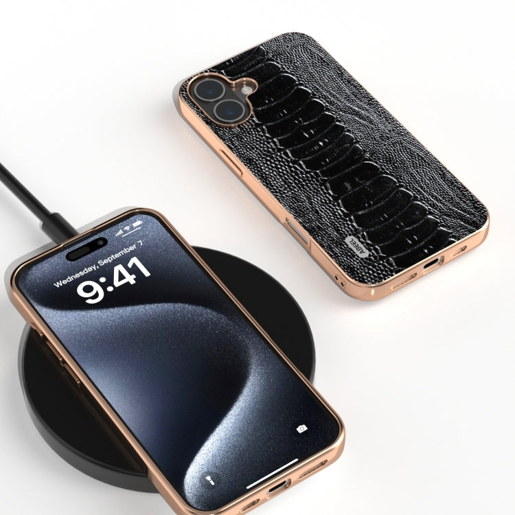 For iPhone 16 Plus ABEEL Electroplating Frame Genuine Leather Weilai Series Phone Case