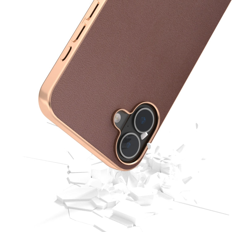 For iPhone 16 Plus ABEEL Electroplating Frame Genuine Leather Xiaoya Series Phone Case