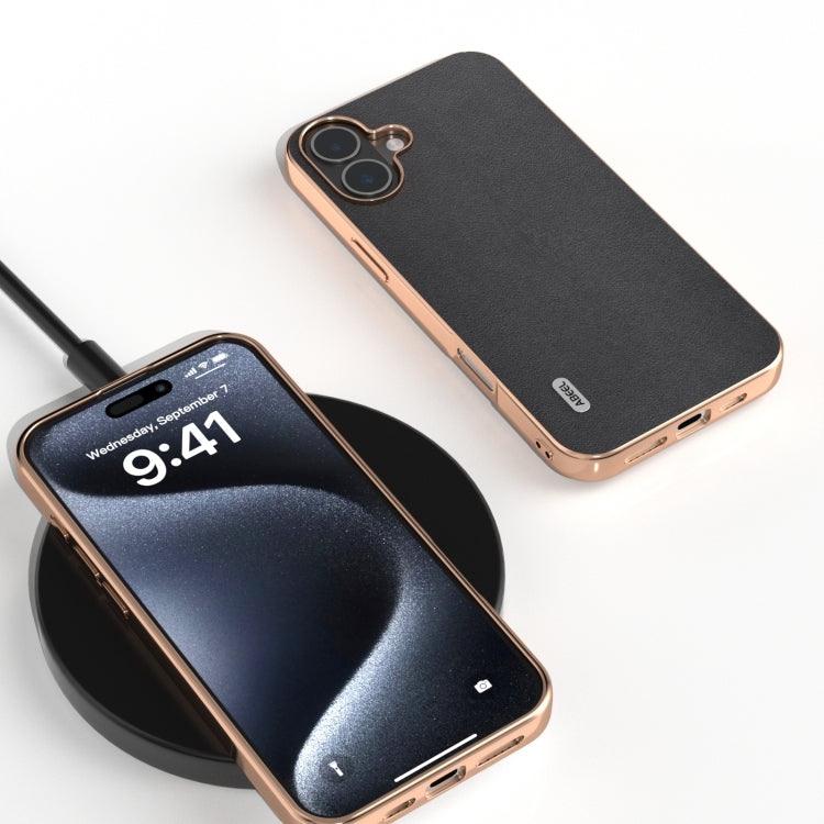 For iPhone 16 Plus ABEEL Electroplating Frame Genuine Leather Xiaoya Series Phone Case