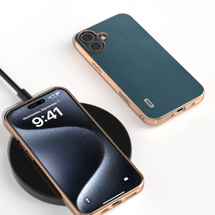 For iPhone 16 ABEEL Electroplating Frame Genuine Leather Xiaoya Series Phone Case