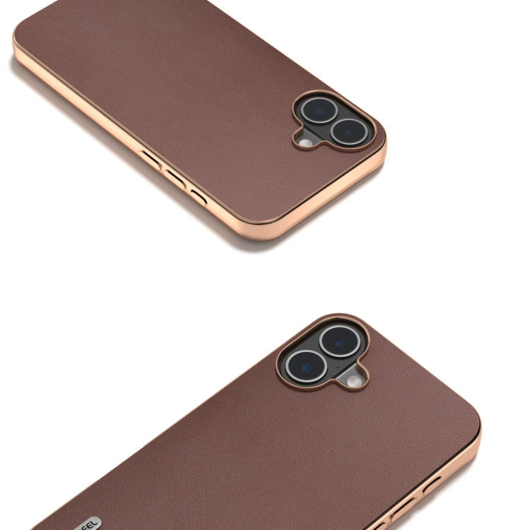 For iPhone 16 ABEEL Electroplating Frame Genuine Leather Xiaoya Series Phone Case