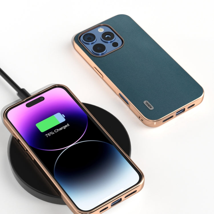 For iPhone 16 Pro Max ABEEL Electroplating Frame Genuine Leather Xiaoya Series Phone Case