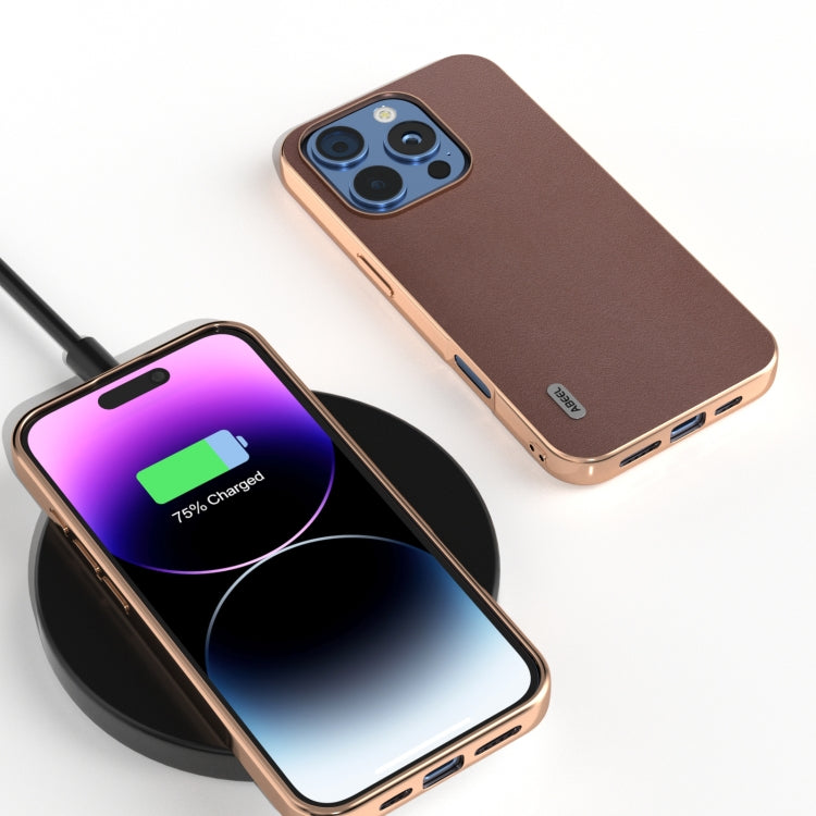 For iPhone 16 Pro ABEEL Electroplating Frame Genuine Leather Xiaoya Series Phone Case
