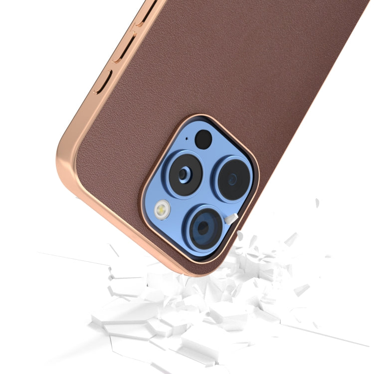 For iPhone 16 Pro ABEEL Electroplating Frame Genuine Leather Xiaoya Series Phone Case