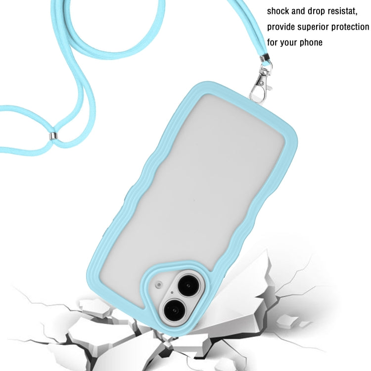 For iPhone 16 Plus Candy Color Wave TPU Clear PC Phone Case with Lanyard