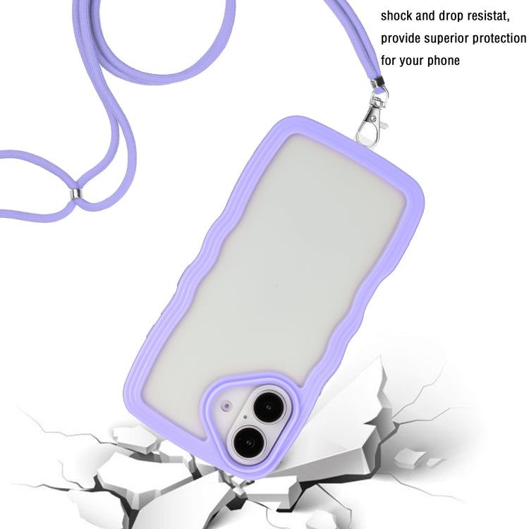 For iPhone 16 Plus Candy Color Wave TPU Clear PC Phone Case with Lanyard