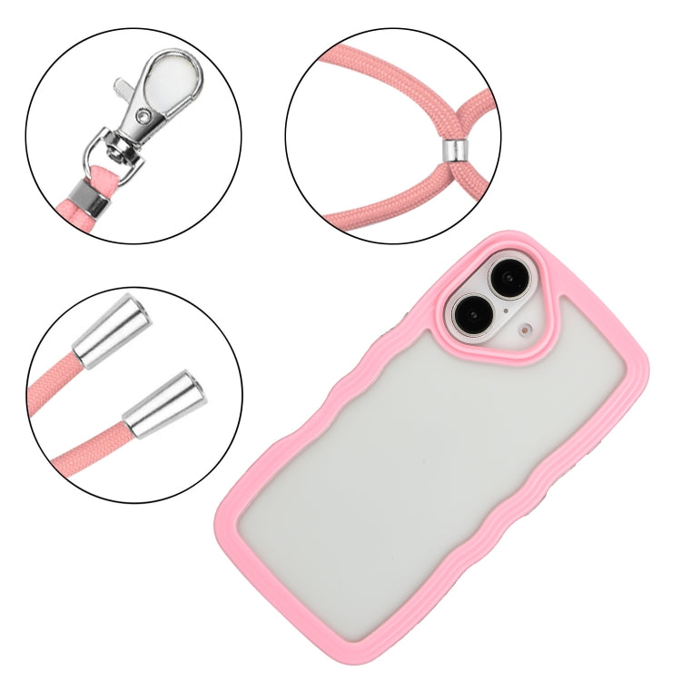 For iPhone 16 Plus Candy Color Wave TPU Clear PC Phone Case with Lanyard