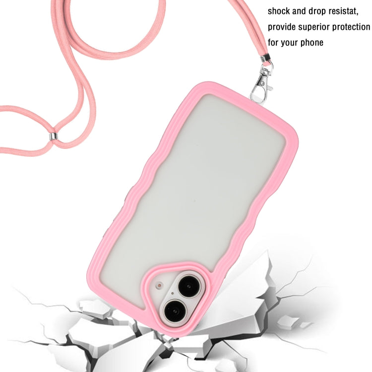 For iPhone 16 Plus Candy Color Wave TPU Clear PC Phone Case with Lanyard